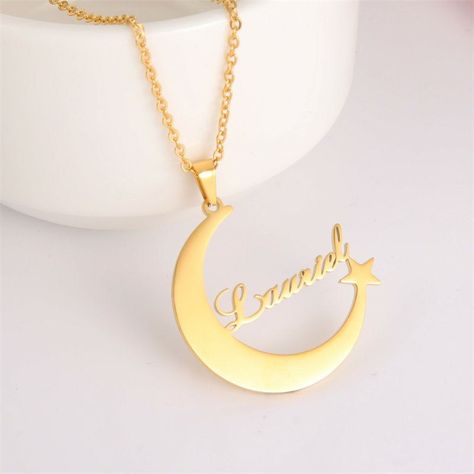 Custom 18k Gold Plated Moon Star Name Necklace, #jewelrycustom #jewelry #kalungnama #kalung #kalungnamasilver #kalungkorea #necklace Gold Necklace With Name, Customized Name Necklace, Necklace With Name, Name Pendant, Mother Rings, Gold Name Necklace, Nameplate Necklace, Sterling Necklaces, Promise Rings For Her