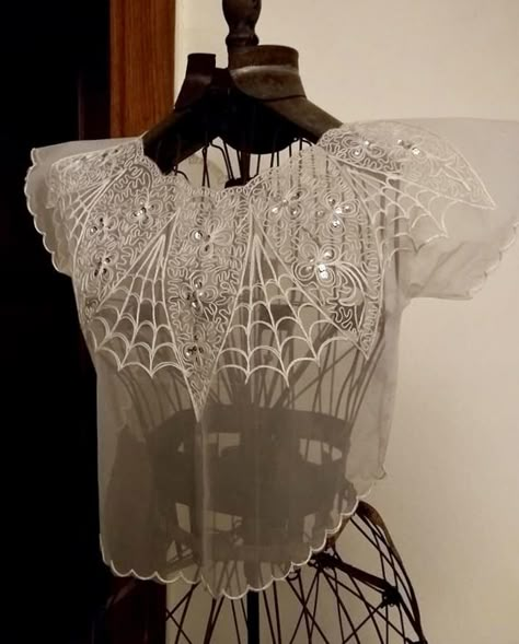 Sheer spider web embroidered blouse Spider Wedding Dress, Spider Web Skirt, Spider Web Clothing, Spider Inspired Outfit, Spider Themed Outfit, The Corpse Bride Aesthetic, Spiderweb Butterfly, Spiderweb Fashion, Spider Clothes