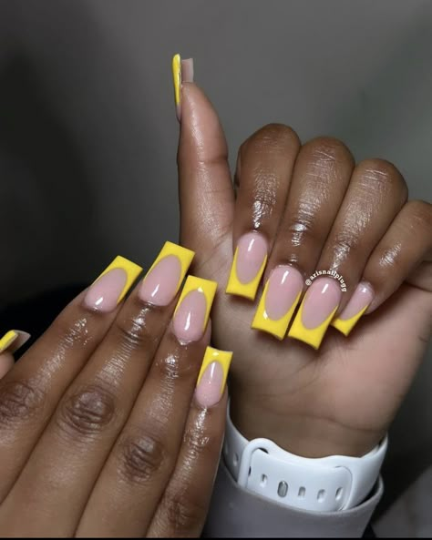 Yellow Birthday Nails, Yellow Acrylic Nails Coffin, Nail And Toes Ideas, Pink And Yellow Nail Designs, Cute Clear Nails, Short Acrylic Nails Blue, Blue Short Acrylic Nails, Medium Nails Acrylic, Yellow French Nails