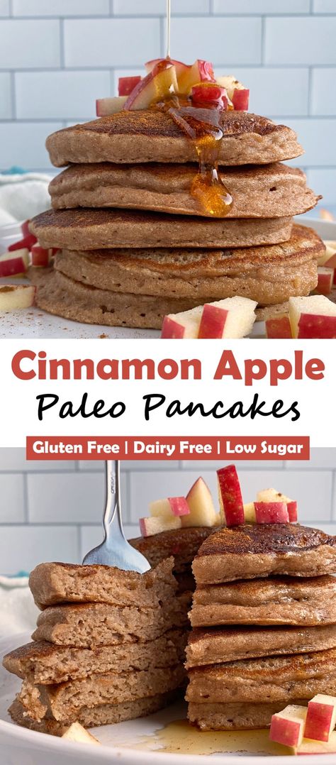 These healthy apple pancakes are made with applesauce and they're grain free, dairy free and fluffy! The perfect cinnamon apple pancake recipe for an easy Paleo breakfast. #applepancakes #applesauce #cinnamonapple #paleopancakes #paleobreakfast Keto Apple Cinnamon Pancakes, Apple Flour Recipes, Apple Pancake Recipe Healthy, Healthy Apple Pancakes, Apple Sauce Pancakes, Cinnamon Apple Pancakes, Easy Paleo Breakfast, Apple Cider Pancakes, Applesauce Pancakes