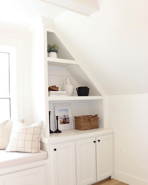 Dormer Window Closet Ideas, Bedroom Window Seat With Storage, Bookshelf In Attic Room, Dormer Ideas Interior Built Ins, Window Seat Slanted Ceiling, Attic Built In Storage, Attic Window Seat Sloped Ceiling, Dormer Office Ideas, Attic Room Built Ins