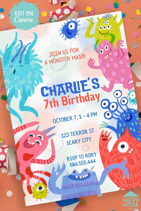 Introducing our cute Monsters Birthday Invitation - perfect for your little monster's big day! Whether you're throwing a spooktacular party or just want a monstrously good time, our digital invitation has got you covered. ORIGINAL ILLUSTRATIONS FROM OUR WONDERFUL ARTIST! Canva template Dimensions: 5x7 inches Monster Invitations, Monster Birthday Invitations, Monster Birthday, Monster Mash, Happy House, Monster Party, Cute Monsters, Digital Invitation, Little Monsters