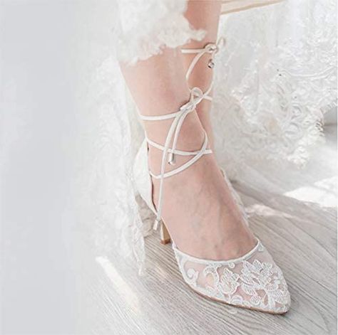 Amazon.com | ERIJUNOR E2374 Ivory Lace Mesh Satin Bridal Wedding Shoes for Women Comfortable Mid Heel Tie Up Ankle Strap Pointy Toe Pumps Ivory Size 8 | Pumps White Lace Heels, Wedding Shoes For Women, Wedding High Heels, Wedding Shoes Lace, Wedding Shoes Bride, Bridal Wedding Shoes, Satin Tulle, Lace Heels, Wedding Heels