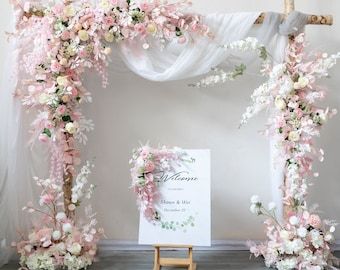 Wedding Archway Flowers White Ivory With Greenery Flower - Etsy Flower Arch Party, Pastel Pink Engagement Decor, Pink And White Engagement Decor, Floral Decor For Wedding, Fake Flowers Wedding Decor, Backdrop Flower Arrangement, Pink Rose Wedding Decor, Diy Floral Backdrop Birthday, Bridal Shower Flower Decor