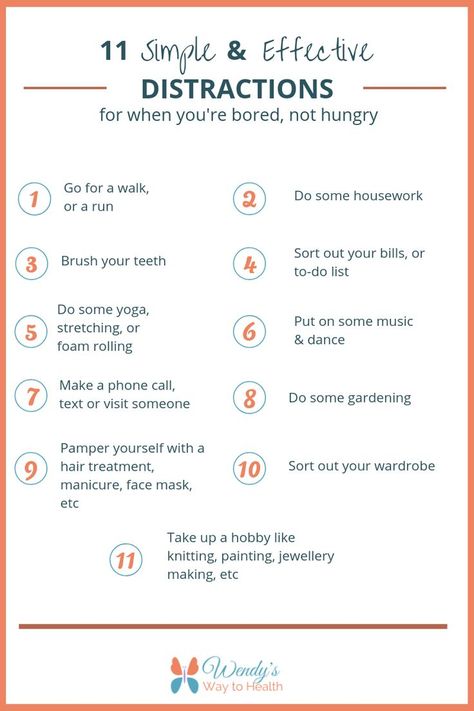 Download this list of simple distractions you can use to break bad eating habits. #healthyhabits #wendyswaytohealth Distractions From Eating, How To Break Habits, Healthy Living Habits, What To Eat To Break Your Fast, How To Distract Yourself From Eating, Eating Distractions, Healthy Distractions, Distraction Techniques, Labor Techniques