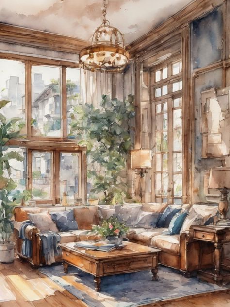 Cute vintage living room,light blue color scheme, AI art, Watercolor painting Watercolour Interior Design, Paintings Of Interiors, Interior Watercolor Painting, Interior Design Watercolor, Living Room Light Blue, Living Room Sketch, Watercolor Living Room, Living Room Watercolor, Room Light Blue