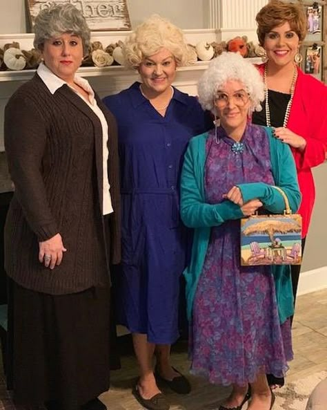 Golden Girls Costume Ideas, Nursing Home Costume Ideas, Old Lady Costume For Women Diy, Golden Girls Halloween Costume, Office Halloween Costume Group, Work Halloween Costumes Group, Office Group Halloween Costumes, Golden Girls Costume, Old Lady Halloween Costume