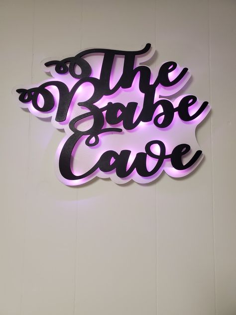 Pink Woman Cave Ideas, Light Up Wall Signs, Lady Lounge Ideas, Lady Lair Girl Cave, Beauty Room Neon Sign, Babe Cave Ideas Small Spaces, Babe Cave Dream Rooms, Women Cave Room Ideas, Girl Cave Ideas Small Spaces