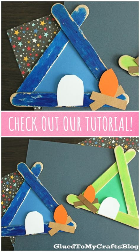 Survival Crafts For Kids, Prek Camping Crafts, Camping Art Projects For Kids Preschool, Preschool Tent Craft, Popsicle Tent Craft, Popsicle Stick Tent Craft, Scout Craft Ideas, Adventure Crafts For Kids, Popsicle Stick Tent