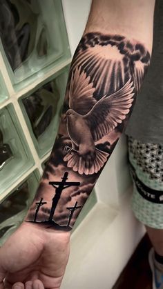 Three Crosses Sleeve Tattoo, Wrist Tattoos Men Sleeve, Cross Crown Tattoo, Back Tattoo Christian, Religous Tattoo Arm Sleeve, Dove Sleeve Tattoo, Religious Forearm Tattoo, Christian Arm Tattoo, Christian Tattoos For Men Sleeve