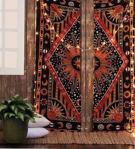 Door Drapes, Hippie Curtains, Sun And Moon Mandala, Cortinas Boho, Mandala Curtains, Burning Sun, Sun And Moon Tapestry, Tapestry Curtains, Moon Mandala