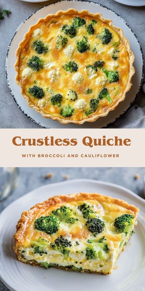 Crustless Quiche with Broccoli and Cauliflower Ingredients: 2.5 – 3 cups (8 ounces) broccoli florets 2.5 – 3 cups (8 ounces) cauliflower florets 1/2 teaspoon sea salt 1/2 teaspoon garlic powder 1/4 teaspoon black pepper 6 eggs 6 egg whites (1.25 cups) 1/2 cup 2% Greek yogurt 1/4 cup scallions, chopped 1 cup shredded cheddar cheese #Curstless #Broccoli Broccoli Egg Crustless Quiche, Chicken Pot Pie With Broccoli And Cauliflower, Broccoli Cauliflower Quiche, Cauliflower Quiche, Quiche With Broccoli, Broccoli Cheddar Quiche, Fresh Vegetable Recipes, Broccoli Quiche, Broccoli And Cauliflower