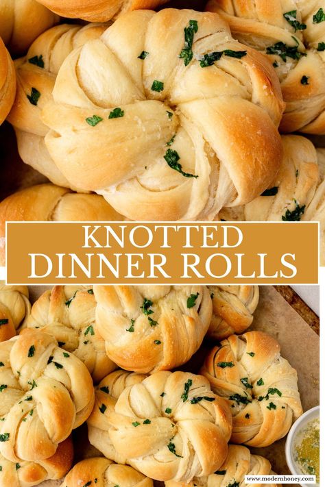 Knotted Rolls Homemade Cloverleaf Rolls, Honey Bread Rolls, Christmas Dinner Rolls Holidays, Easy Dinner Roll Recipe, Rolls Thanksgiving Dinner, Homemade Butter Rolls, Butterflake Rolls Recipe, Crusty Dinner Rolls Recipe, Garlic Butter Rolls Easy