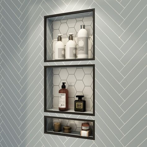 Recessed Shower Shelf, Niche Shelves, Tile Shower Niche, Bathroom Niche, Recessed Shelves, Bad Inspiration, Wall Niche, Hallway Bathroom, Shower Niche