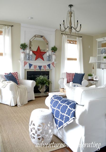 Patriotic Living Room, July Outfits, Holiday Room, Room Hacks, Fourth Of July Decor, Patriotic Decor, Americana Decor, Room Update, 4th Of July Decorations