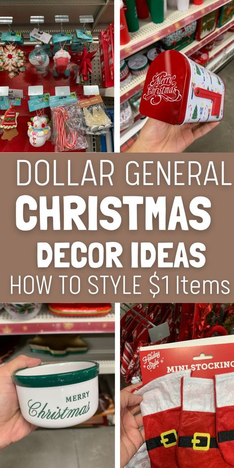 Collage of Christmas decor items from Dollar General includes ornaments, a festive mailbox, a "Merry Christmas" cup, and mini stockings. Festive and budget-friendly. Dollar General Christmas, Dollar General Diy, Affordable Christmas Decor, Easy Christmas Decor Ideas, Dollar General Store, Easy Christmas Decor, Affordable Christmas Decorations, Storing Christmas Decorations, Dollar Tree Hacks