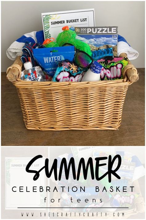 Summer Celebration Basket for Teens Summer Basket For Teens, Welcome To Summer Basket For Kids, Summer Baskets For Kids, Kids Summer Basket, Summer Gift Baskets For Kids, Summer Basket For Kids, Summer Fun Gift Basket, Summer Basket Gift Ideas, Summer Fun Basket