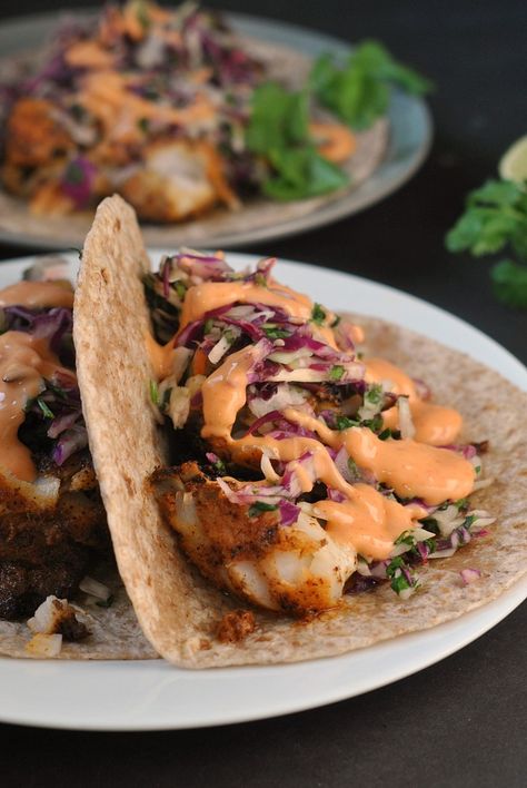 Blackened Fish Tacos with Cilantro Slaw and Sriracha Mayo Cilantro Slaw, Fish Taco Recipe, Blackened Fish Tacos, Blackened Fish, Blacken Fish, Sriracha Mayo, Fish Taco, Fish Tacos Recipe, Taco Recipe