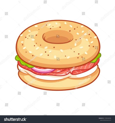 Traditional bagel sandwich with cream cheese, onion and lox or smoked salmon. Hand drawn cartoon style vector illustration. #Ad , #Ad, #cheese#onion#lox#cream Bagel Drawing, Bagel Illustration, Sandwich With Cream Cheese, Sandwich Drawing, Sandwich Cream, Bagel Breakfast Sandwich, Breakfast Bagel, Bagel Sandwich, Simple Food