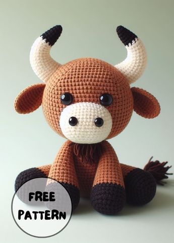 Crochet Plush Bull Amigurumi Bull Crochet, Crochet Bull, Crochet Farm Animals, Crocheted Cow Pattern, Doll Amigurumi Free Pattern, Amigurumi Cow, Easy Crochet Animals, Crochet Panda, Cute Miniature