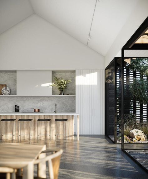 White Kitchen Wood Island, Kitchen Cathedral Ceiling, Kitchen Wood Island, Pavilion House, Wood Island, Kitchen Wood, Rural House, Custom Home Designs, Kitchen Inspiration Design