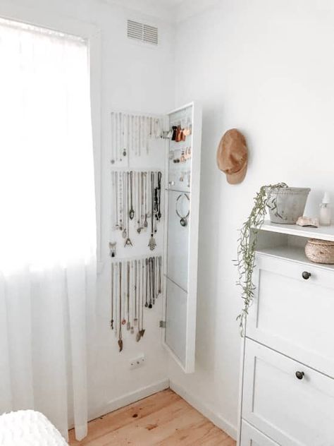 IKEA wall mirror with white frame, opened to reveal jewelry storage behind Ikea Closet Ideas, Ikea Jewelry Storage, Jewlery Storage, Cabinet Ikea, Small Closet Storage, Diy Custom Closet, Ironing Station, Deep Closet, Storage Ikea