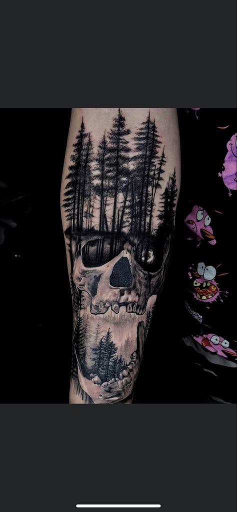 #tattoo #skulltattoos #foresttattoo #mytattoo Pine Forest Tattoo Design, Skull With Flowers Tattoo Men, Scary Woods Tattoo, Skull And Trees Tattoo, Skull Mountain Tattoo, Skull And Tree Tattoo, Forest Skull Tattoo, Spooky Forest Tattoo, Skull Forest Tattoo