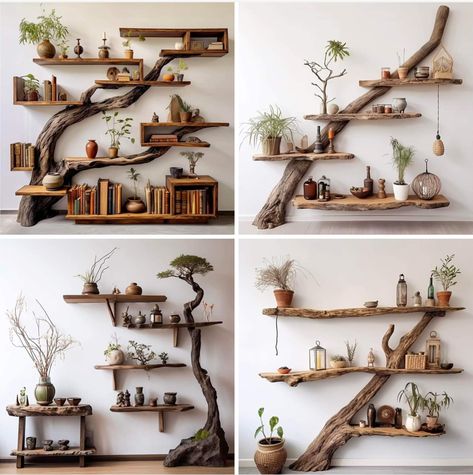 Tree Branch Shelves, Wall Bookshelf Ideas, Ceiling Bookshelf, Branch Shelves, Driftwood Shelves, Teenager Bedroom Design, Epoxy Countertops, Earthy Home Decor, Diy Remodeling