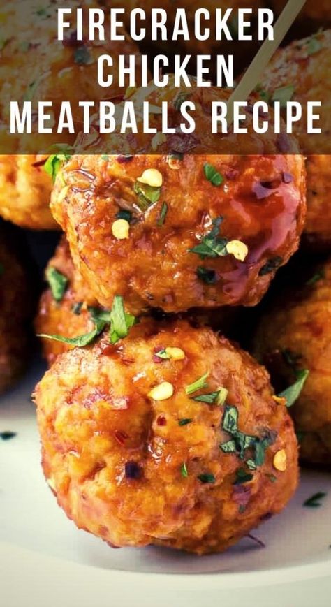 FIRECRACKER CHICKEN MEATBALLS RECIPE - TASTYDONE Firecracker Turkey Meatballs, Firecracker Chicken Meatballs, Firecracker Sauce, Chicken Meatballs Recipe, Firecracker Chicken, Cracker Chicken, Chicken Balls, Chicken Meatball Recipes, Best Appetizer Recipes