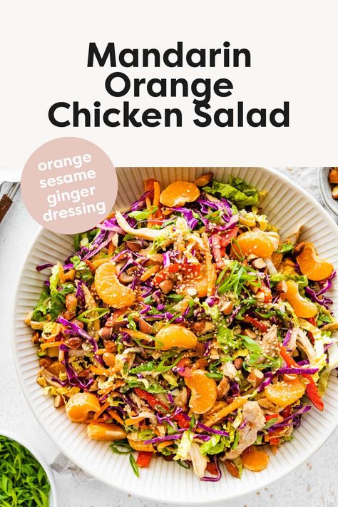 This crunchy mandarin orange chicken salad is loaded with fresh veggies, shredded chicken, orange slices and almonds all tossed in a zesty orange sesame ginger dressing! Mandarin Orange Chicken Salad, Mandarin Chicken Salad, Asian Salad With Mandarin Oranges, Orange Sesame Chicken Salad, Orange Chicken Sesame Salad, Crunchy Mandarin Orange Chicken Salad, Chicken Salad With Mandarin Oranges And Almonds, Orange Sesame Chicken, Mandarin Chicken