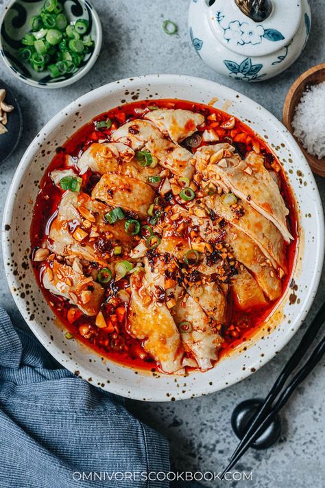 Experience the authentic flavors of Sichuan cuisine with this mouth-watering recipe for saliva chicken. The dish features tender juicy chicken smothered in a rich and spicy sauce that is bursting with umami, just like the one served in China. Saliva Chicken, Sichuan Recipes, Sichuan Chicken, Chicken Smothered, Red Oil, Spicy Sauce, Juicy Chicken, Chinese Food, Mouth Watering