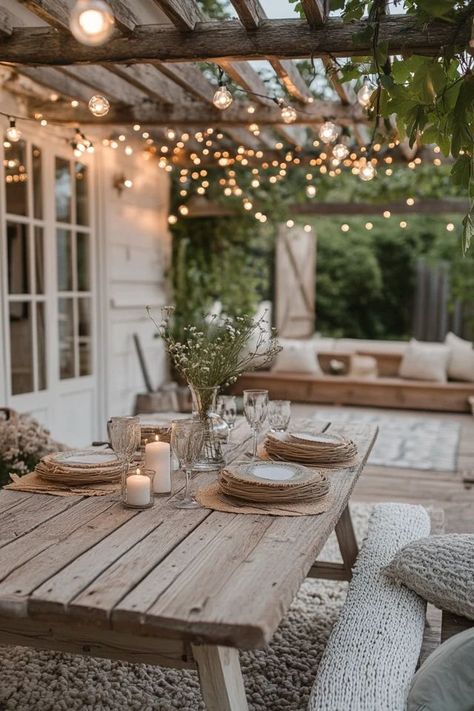 "Transform your backyard with a Rustic Outdoor Dining Area! 🍽️🌾 Ideal for adding charm and warmth to your outdoor meals. 🌿✨ #RusticOutdoor #DiningInspo #GardenDecor" Front Yard Dining Area, Rustic Outdoor Entertaining Area, Rustic Outdoor Table And Chairs, Rustic Outdoor Dining Area, Outdoor Dining Inspiration, Country Home Backyard, Outdoor Dining Table Ideas, Patio Dining Ideas, French Country Backyard