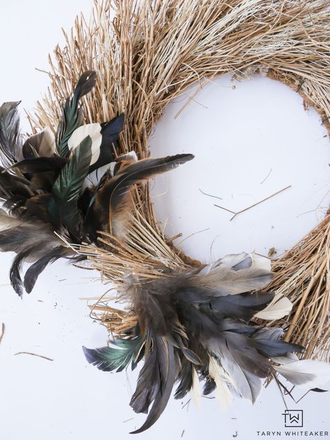 Feather Fall Wreath - Taryn Whiteaker Duck Feather Crafts, Duck Feather Decor, Chicken Feather Wreath, Duck Feather Wreath, Turkey Feather Wreath, Rooster Feather Wreath, Wreaths With Pheasant Feathers, Pheasant Feather Wreath, Feather Crafts Diy