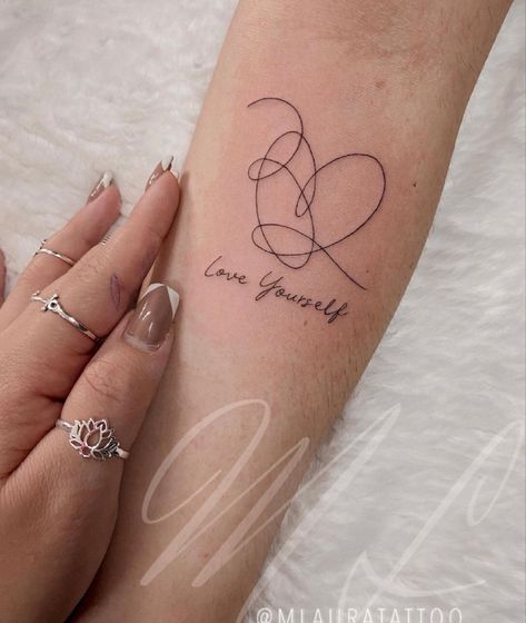 Love Yourself Heart Tattoo, Bts Flower Tattoo, Small Bts Inspired Tattoos, Bts Heart Tattoo, Bts Tatoos Idea, Bts Related Tattoos, Bts Tattoo Minimalist, Bts Love Yourself Tattoo, Bangtan Tattoo Ideas