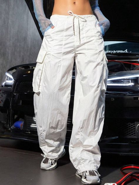 Street Vibes Drawstring Waist Wide Leg Parachute Cargo Jogger Pants in white? They're a casual style pair of cargo pants with a plain pattern. These pants have a drawstring waist closure for a comfortable fit. I think they would be a great addition to your tomboy outfits! 🌟👖 #cargopants #whitepants #casualstyle Street Vibes, Parachute Cargo, White Cargo Pants, Cargo Jogger Pants, Trouser Outfit, Tapered Joggers, Tomboy Outfits, Cargo Joggers, Women Pants