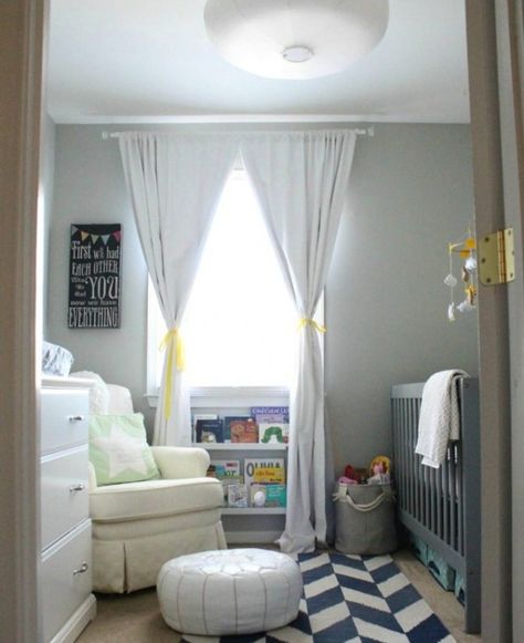 Small Nursery Layout, Small Baby Nursery, Baby Nursery Ideas Neutral Grey, Nursery Layout, Tiny Nursery, Baby Room Curtains, Small Space Nursery, Small Nursery, Nursery Reveal