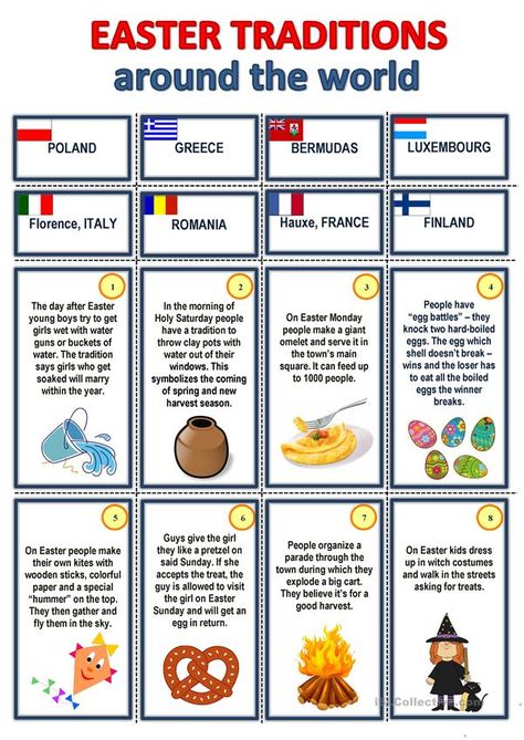 EASTER traditions around the world - English ESL Worksheets for distance learning and physical classrooms Easter Lessons, Easter Worksheets, Esl Teaching Resources, Celebration Around The World, English Games, Easter Bunny Crafts, English Teaching, English Activities, Holiday Craft