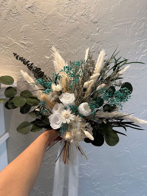 Tail and turquoise bouquet and boutonniere set for wedding Turquoise And Green Wedding, Teal And Tan Wedding Ideas, Turquoise Flower Bouquet, Turquoise Country Wedding, Western Bouquets, Western Bouquet, Turqoise Wedding, Turquoise Wedding Bouquets, Boho Floral Bouquet