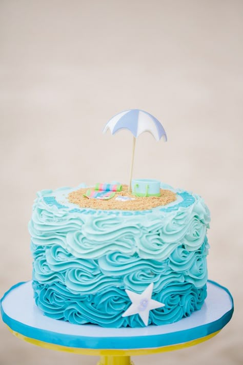 Ombre Beach + Wave Cake from a Colorful Seaside Birthday Party on Kara's Party Ideas | KarasPartyIdeas.com (27) Pool Birthday Party Cake Ideas, Cake Decorating Ocean, Ombre Ocean Cake, Pool Party Cake Design, Easy Ocean Birthday Cake, Ocean Theme Cake Buttercream, Beach Birthday Decoration Ideas, Seaside Cake Ideas, Wave Cupcakes Ocean