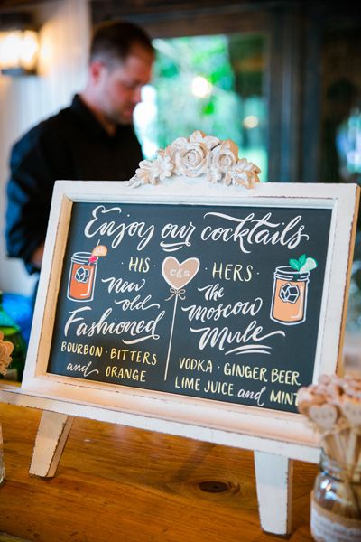 11 Great Ideas for your Drinks Reception | weddingsonline Signature Cocktails Wedding, Signature Cocktail Sign, Rustic Wedding Decorations, Cocktails Sign, Boda Mexicana, Chalkboard Sign, Wedding Drink, Southern Weddings, Rustic Chic Wedding