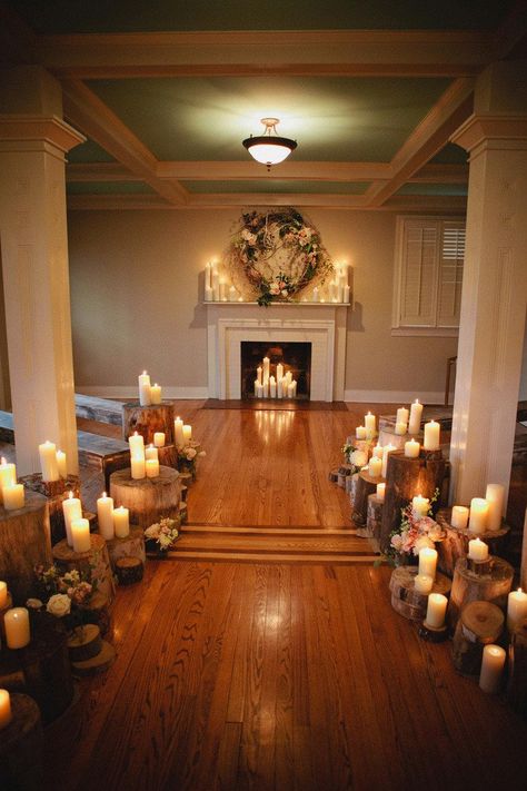 Indoor Home Wedding, Winter Wedding Candles, Home Wedding Ideas, Wedding Ceremony Decorations Indoor, Pillar Candles Wedding, Wood Stumps, Indoor Wedding Ceremonies, Country Wedding Decorations, Winter Wedding Decorations