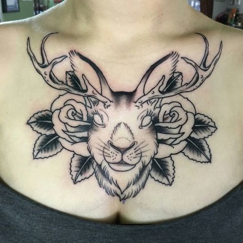 Rabbit Chest Tattoo, Jackalope Skull, Jackalope Tattoo, Ghibli Tattoo, Rabbit Tattoos, 3 Tattoo, Chest Piece Tattoos, Stomach Tattoos, Inked Babes