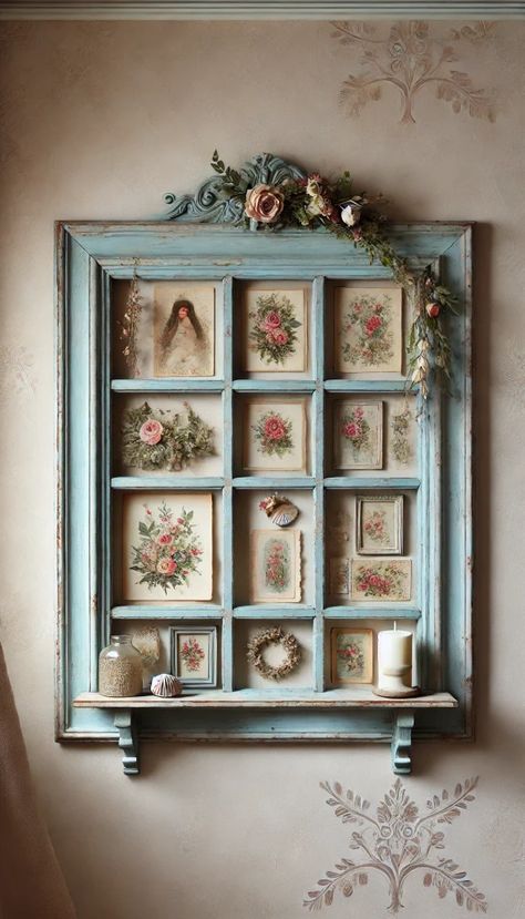 Upcycled Window Frames, Old Window Projects Farmhouse, Vintage Window Frame Ideas, Old Window Wall Decor, Window Diy Decor, Antique Window Decor, Window Craft Ideas, Vintage Windows Repurposed, Old Window Frame Ideas