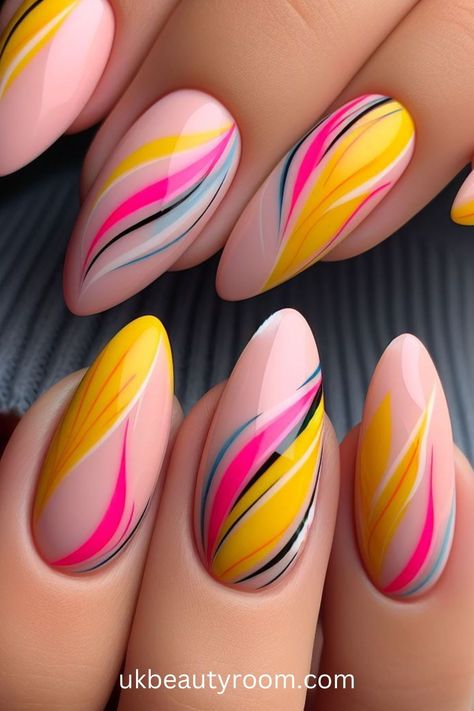 Bright nails are colorful and eye-catching, perfect for adding a pop of excitement to any look.  They are also a great choice for summer!  This post contains 39 ideas for bright nails, including: simple, cute, inspo, classy, elegant, fun, funky, edgy, neon, ideas, art, summer, designs, acrylic, short, for spring, almond. Funky Nail Art Trendy Summer, Nail Art Summer 2024, On Trend Nails, Short Nails Art Ideas, Neon Nails Designs, Nail Art Bright, Nails Bright Colors, Summer Nails Bright, Neon Ideas