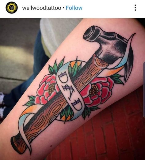 Hammer And Saw Tattoo, Hammer Tattoo Carpenter, Traditional Hammer Tattoo, Construction Tattoo Ideas, Pickaxe Tattoo, Drill Tattoo, Electrician Tattoo, Carpenter Tattoo, Hammer Tattoo