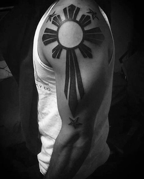 3 Stars And A Sun Tattoo Filipino, Philippine Tattoo Design, Philippine Sun Tattoo, Tattoos Philippines, Filipino Sun Tattoo, Sun Tattoo Meaning, Star Tattoo On Shoulder, Traditional Filipino Tattoo, Filipino History