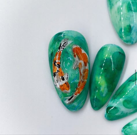 Koi Fish | Ponds | Lotuses Discover more nail art on instagram @gelsbykiiko Coy Fish Nail Art, Koi Nails Designs, Koi Fish Nail Design, Koi Nail Art, Coy Fish Nails, Nails With Fish, Koi Pond Nails, Goldfish Nails, Koi Fish Nail Art