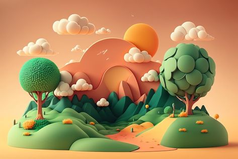 3d Art Landscape, Cute Animation Background, 3 D Illustration, Nature 3d Art, 3d Art Styles, Illustration 3d Design, 3d Animation Background, Earth Day Illustration, Landscape Animation