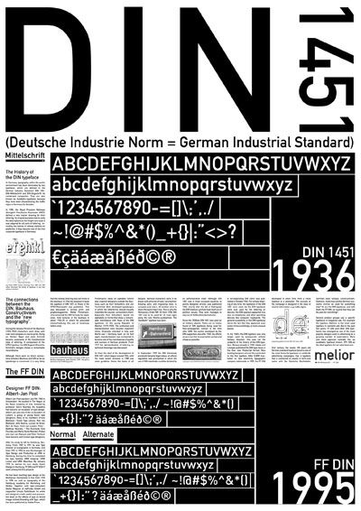 DIN Typeface. DIN stands for Deutsches Institut für Normung (German Institute for Standardization.) Linotype markets a digital version of the original font while Albert-Jan Pool created a very versatile family of DIN typefaces (FF DIN) for Fontshop. FF DIN is more geared towards commercial applications. Used for signage or any type of work in which you need an industrial, slightly severe look. Din Font, Typeface Anatomy Poster, Typeface Classification, Type Specimen Poster, Golden Ratio In Design, Blackletter Type Specimen, Typeface Specimen Poster, Type Inspiration, Typography Layout