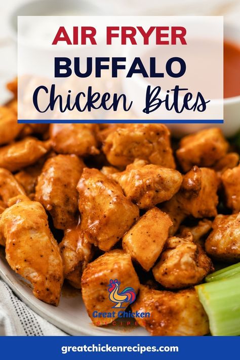 These air fryer buffalo chicken bites are the perfect game-day snack, appetizer, or quick protein for dinner. They use a handful of simple ingredients and take less than 30 minutes to make. Plus, since this recipe doesn’t use flour breading, these buffalo chicken breast bites are low-carb and gluten-free. #recipes #chicken #chickenbreast #chickendinner #airfryerrecipes Air Fryer Grilled Chicken Bites, Air Fryer Chicken Chunks No Breading, Air Fried Buffalo Chicken Bites, Buffalo Chicken Nuggets Air Fryer, Buffalo Chicken In Air Fryer, Chicken Air Fryer Bites, Air Fryer Buffalo Chicken Breast, Buffalo Chicken Air Fryer Recipes, Low Calorie Buffalo Chicken Recipes